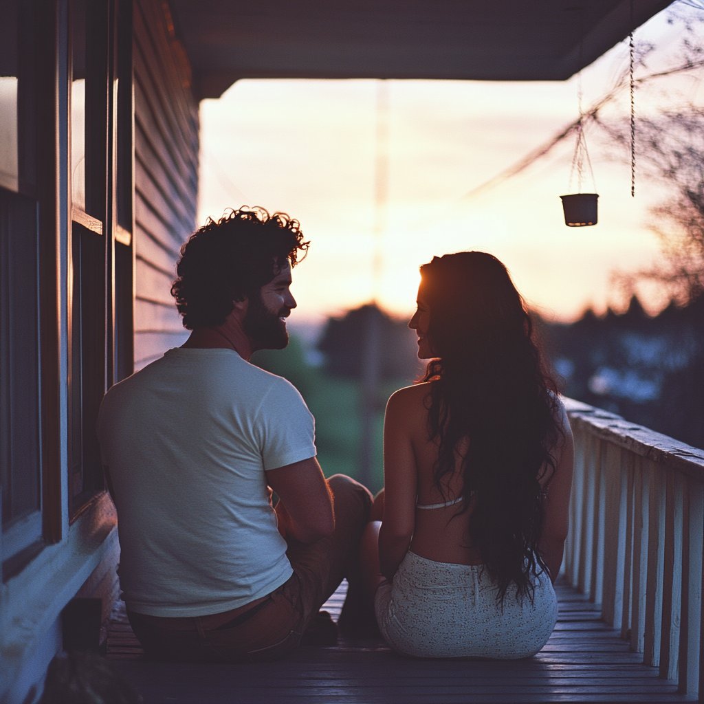 A happy couple sitting on the porch | Source: Midjourney