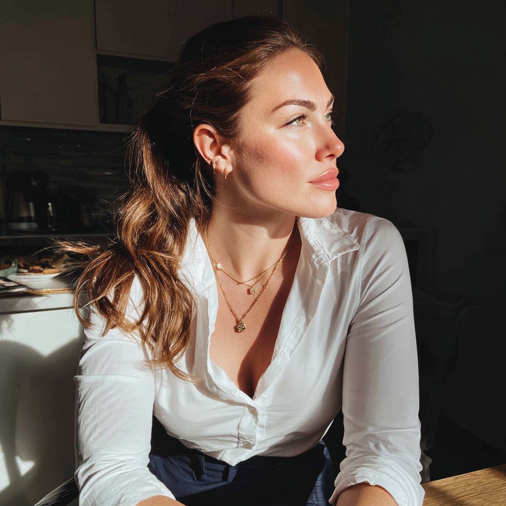 A woman sitting at a table | Source: Midjourney