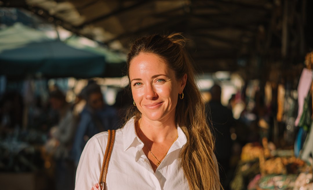 A smiling woman standing in a flea market | Source: Midjourney