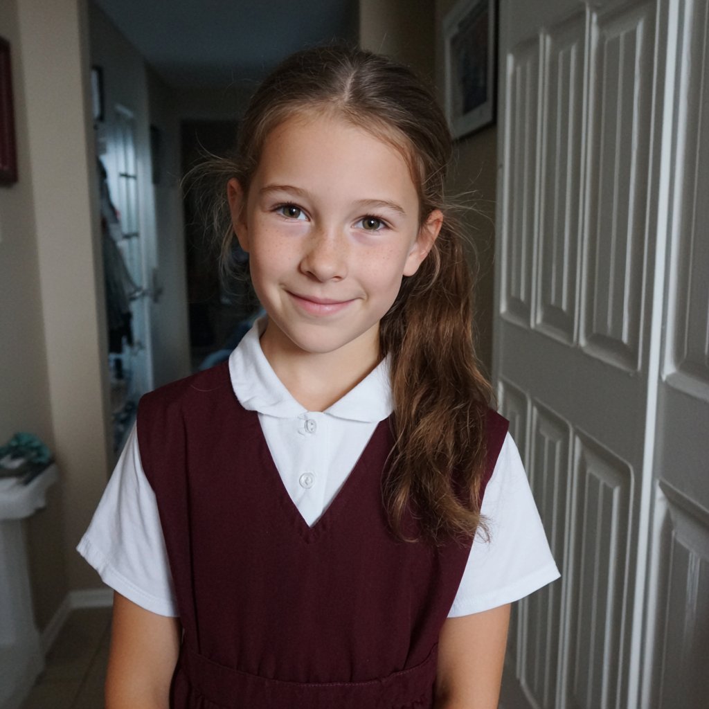 A smiling little girl in her uniform | Source: Midjourney