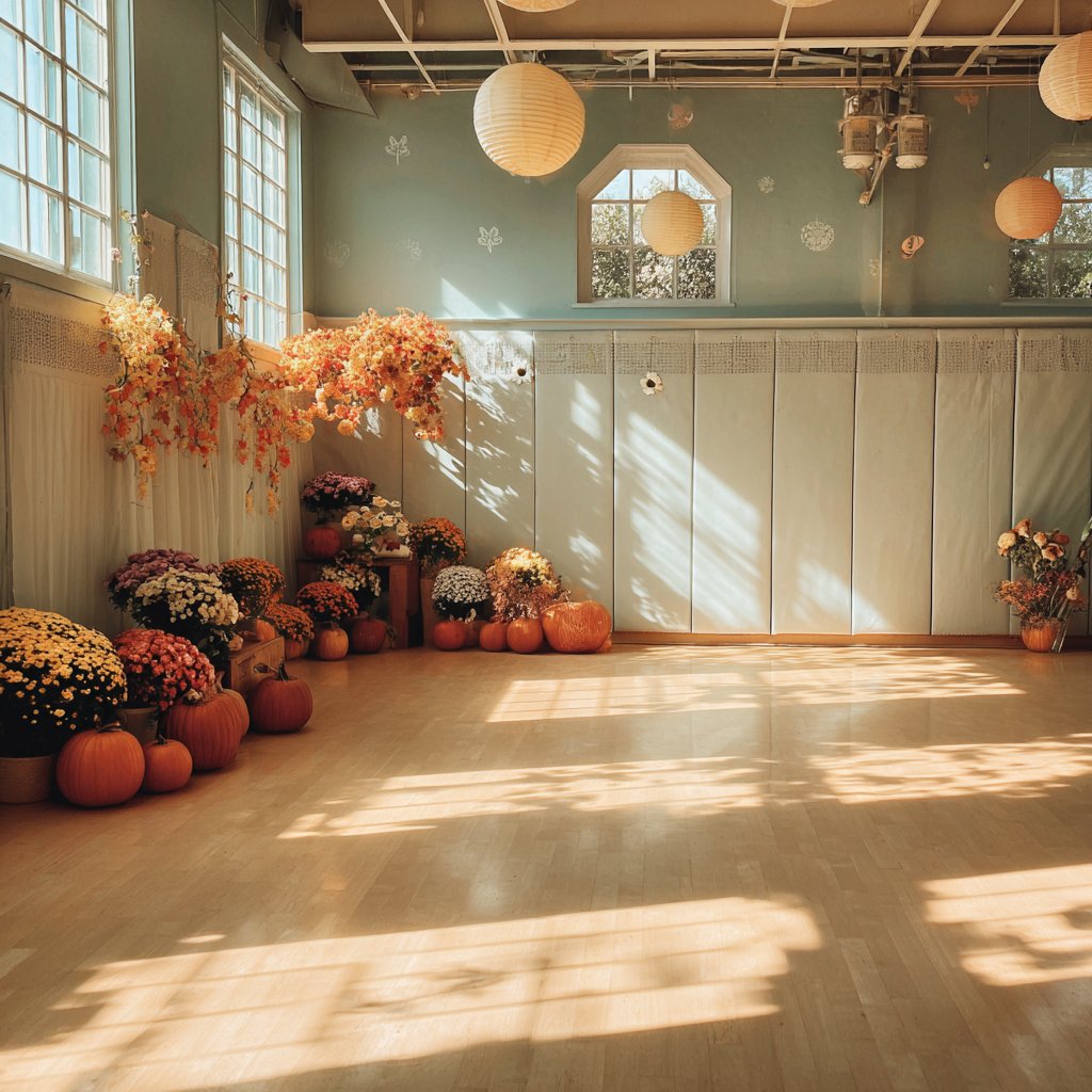 A school gymnasium decorated for autumn | Source: Midjourney