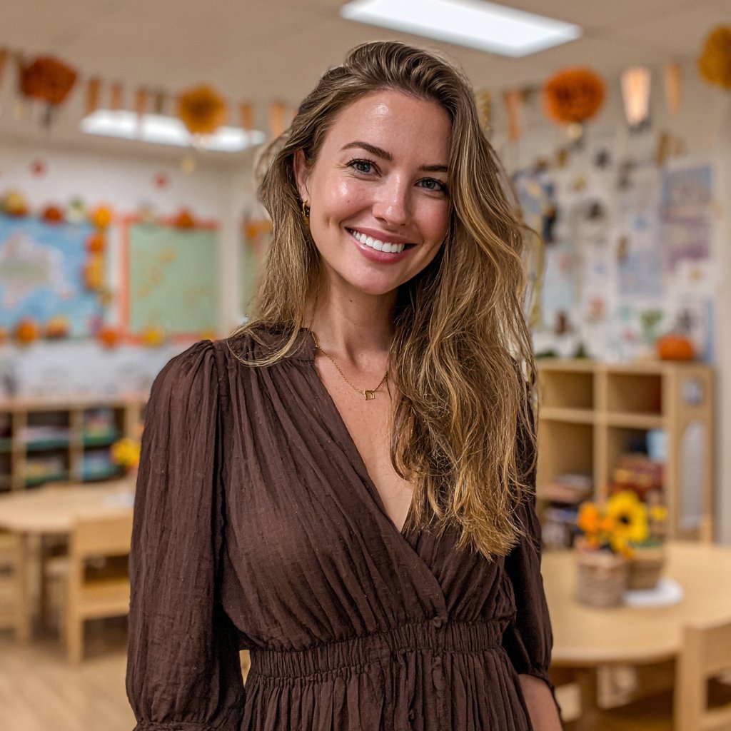 A smiling woman wearing a brown dress | Source: Midjourney