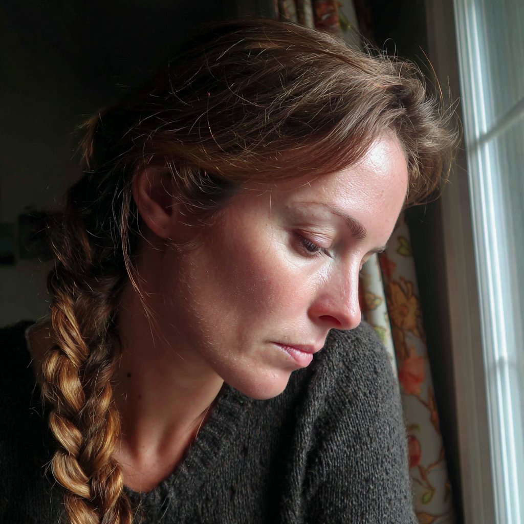An upset woman sitting by a window | Source: Midjourney