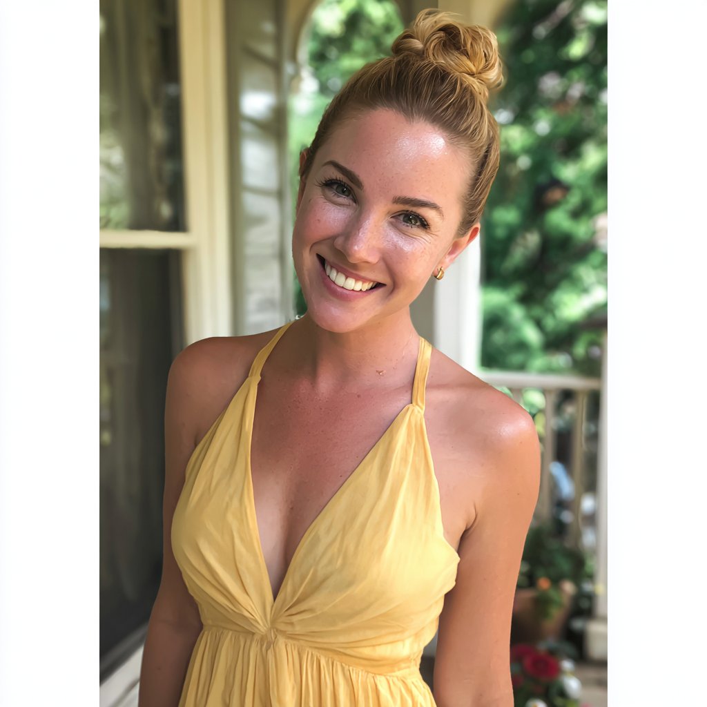A smiling woman wearing a yellow dress | Source: Midjourney