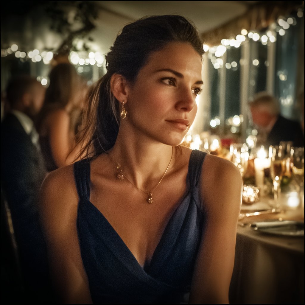 A woman sitting at a wedding reception | Source: Midjourney
