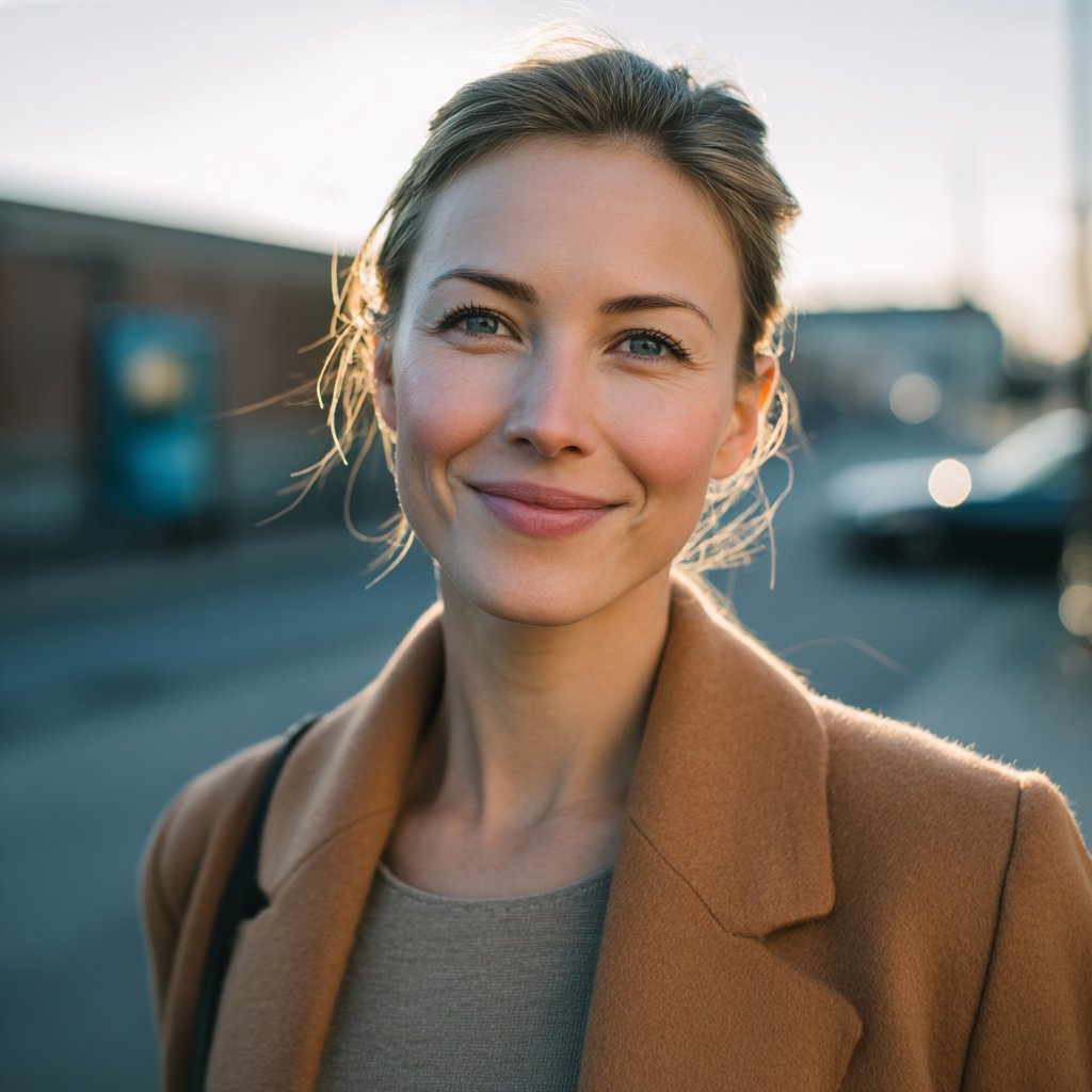 A smiling woman wearing an orange coat | Source: Midjourney