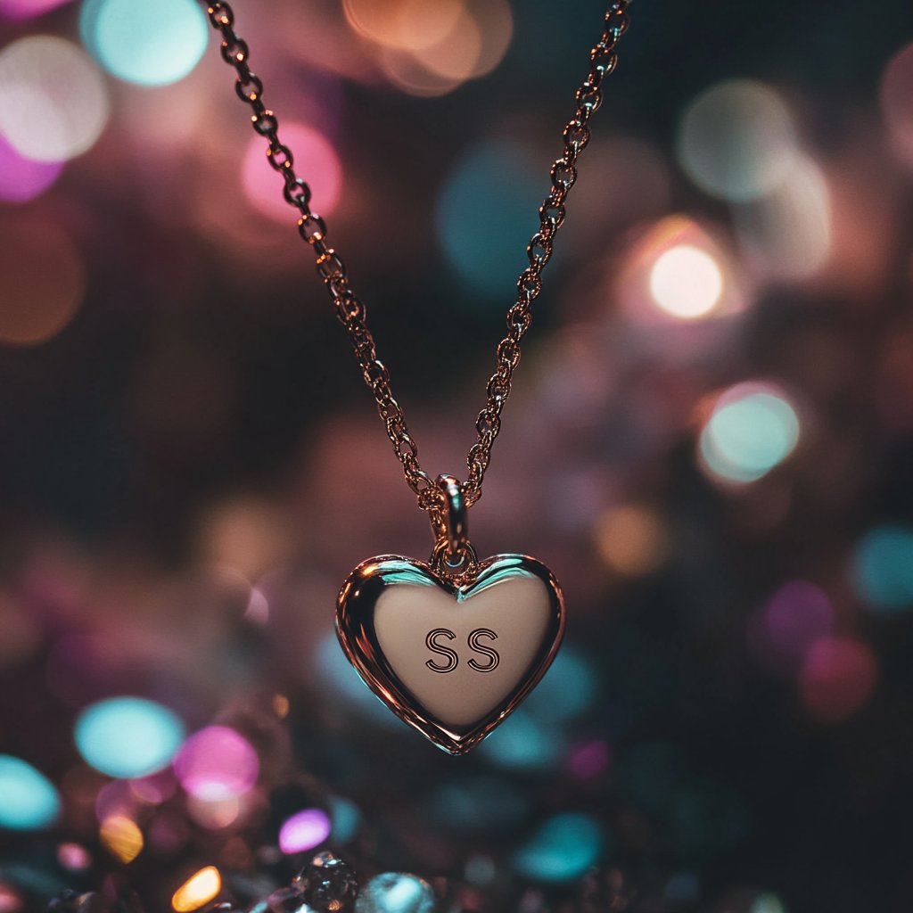 A heart-shaped necklace with the initials 