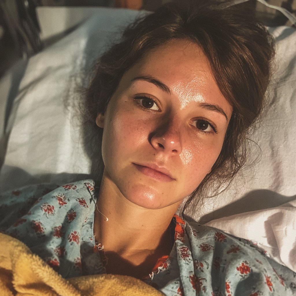 A young woman in a hospital bed | Source: Midjourney
