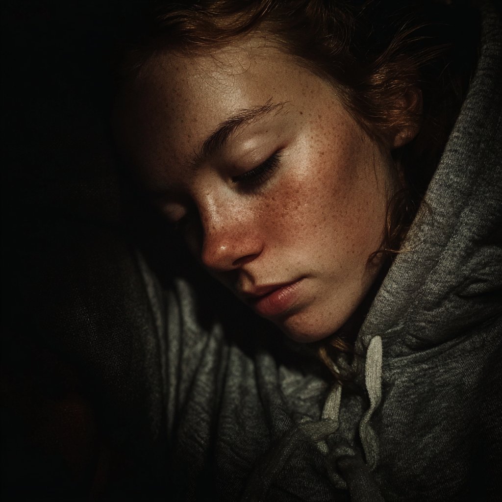 A close-up of an exhausted woman wearing a gray hoodie | Source: Midjourney