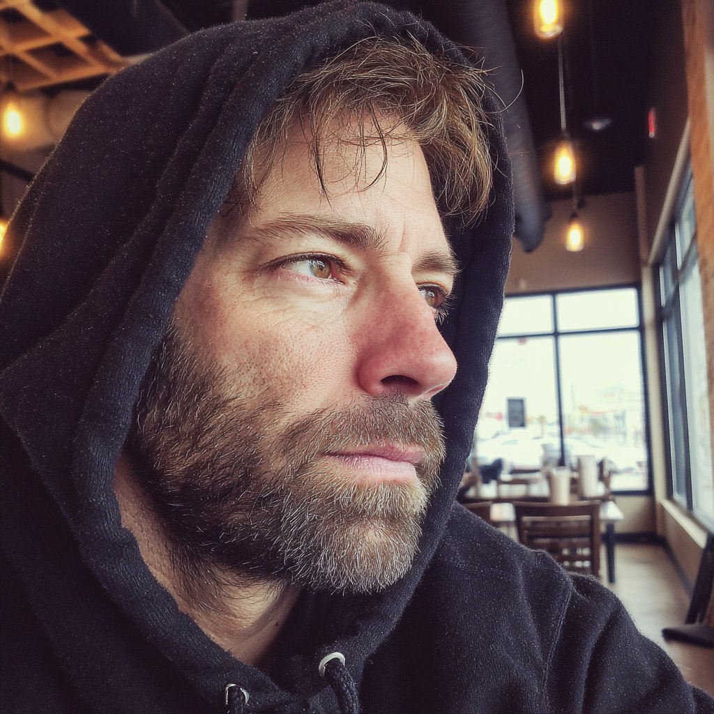 A man wearing a black hoodie in a coffee shop | Source: Midjourney