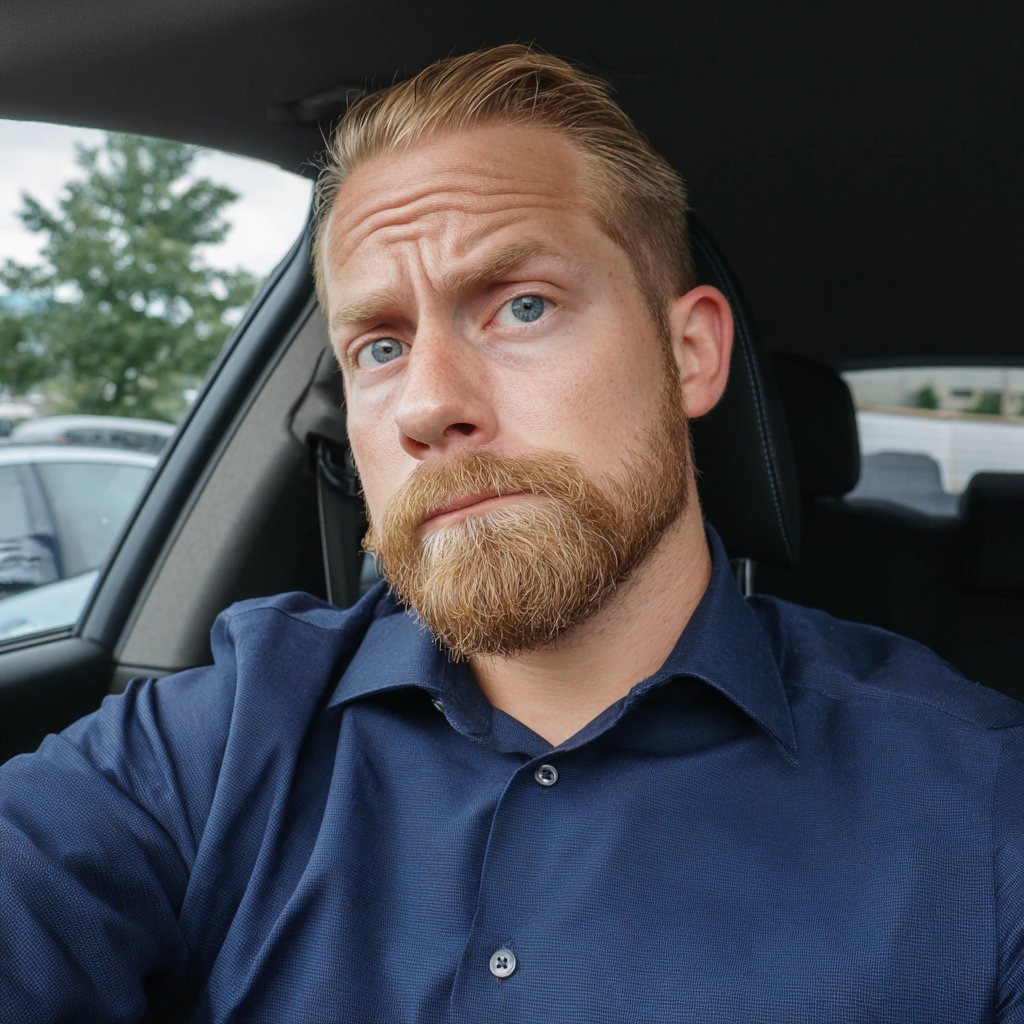 A frowning man sitting in a car | Source: Midjourney