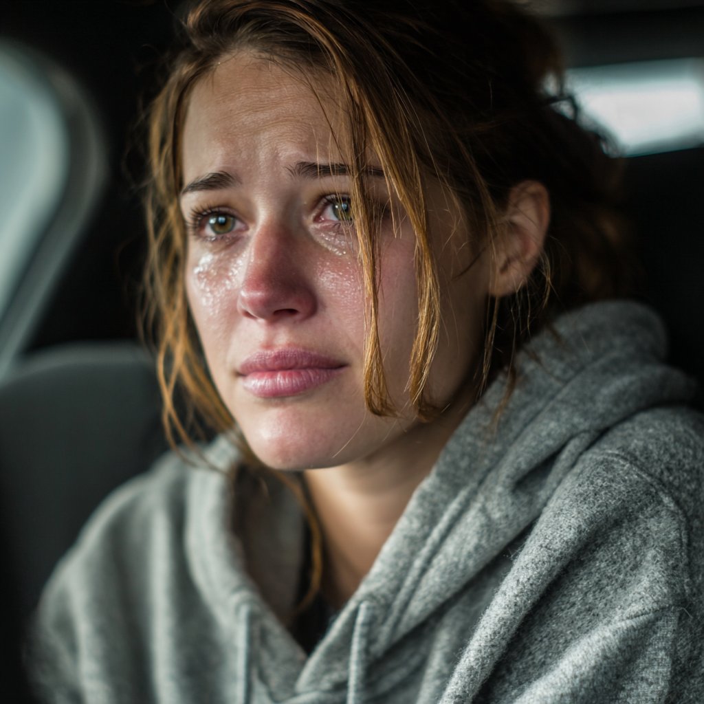 An emotional woman sitting in a cab | Source: Midjourney