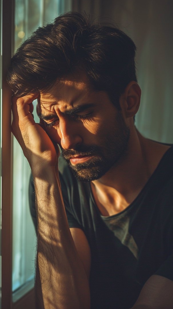 An man upset, his head leaning by a window | Source: Midjourney