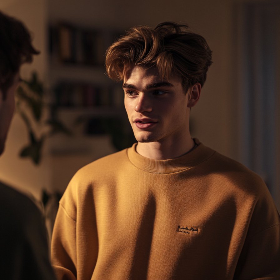 A young man talking to another man | Source: Midjourney
