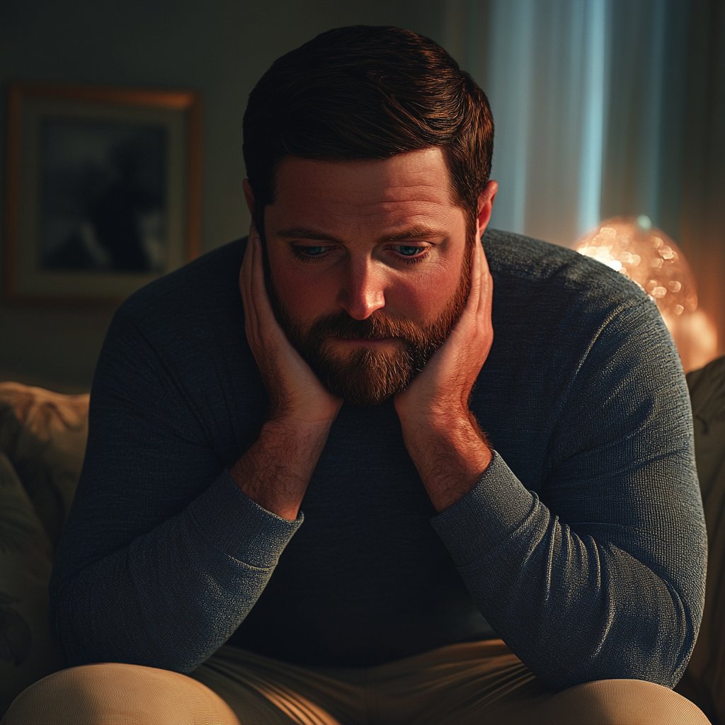 An upset man sitting on the couch | Source: Midjourney