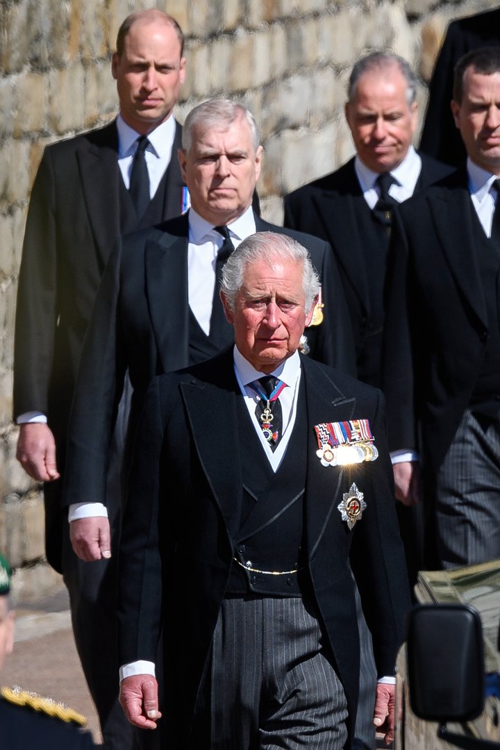 Prince William, Prince Andrew, and King Charles III during the funeral of Prince Philip, Duke of Edinburgh at Windsor Castle on April 17, 2021 in Windsor, England. | Source: Getty Images