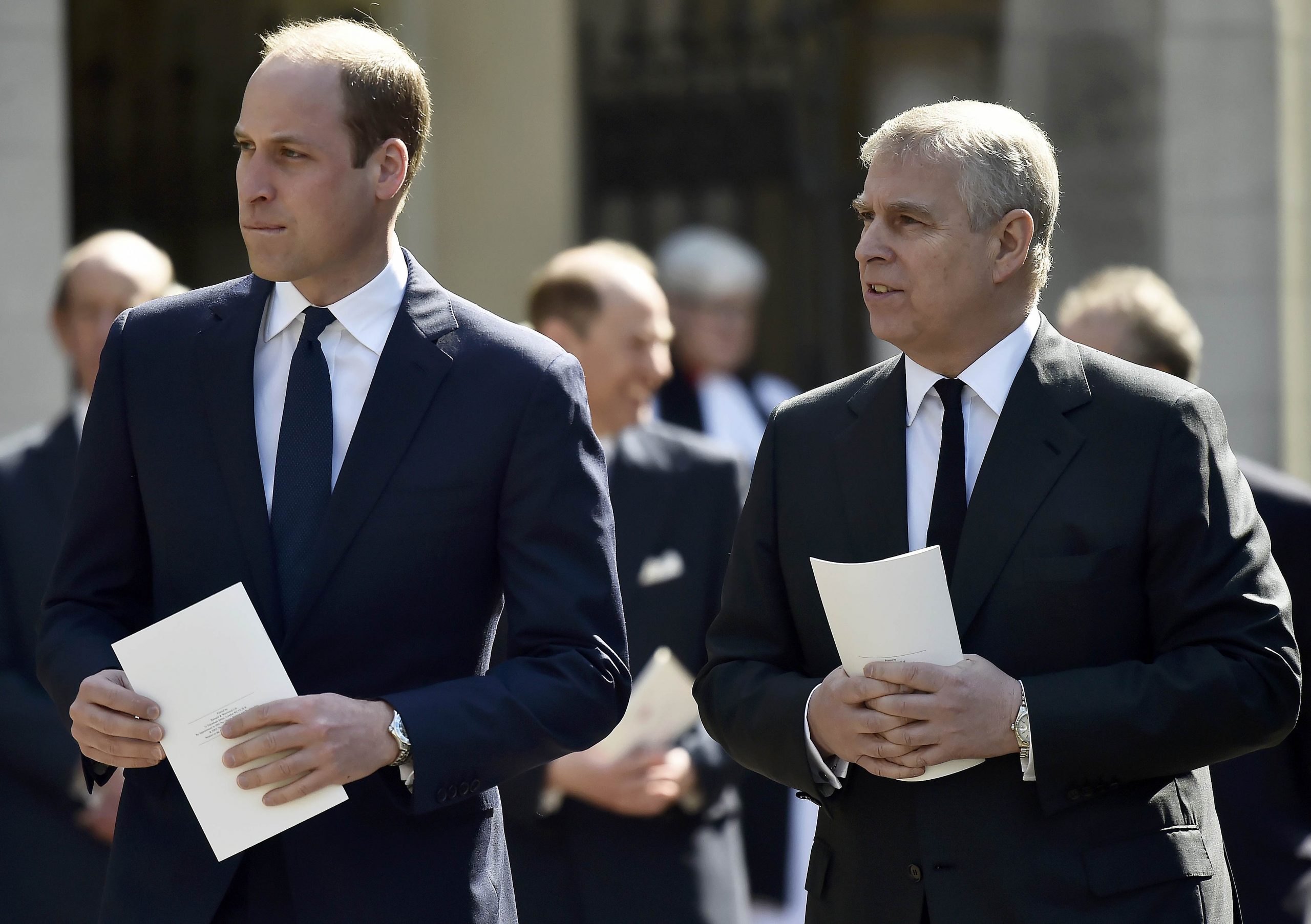 Prince William and Prince Andrew, Duke of York leave a Service of Thanksgiving for the life and work of Lord Snowdon at Westminster Abbey on April 7, 2017. | Source: Getty Images