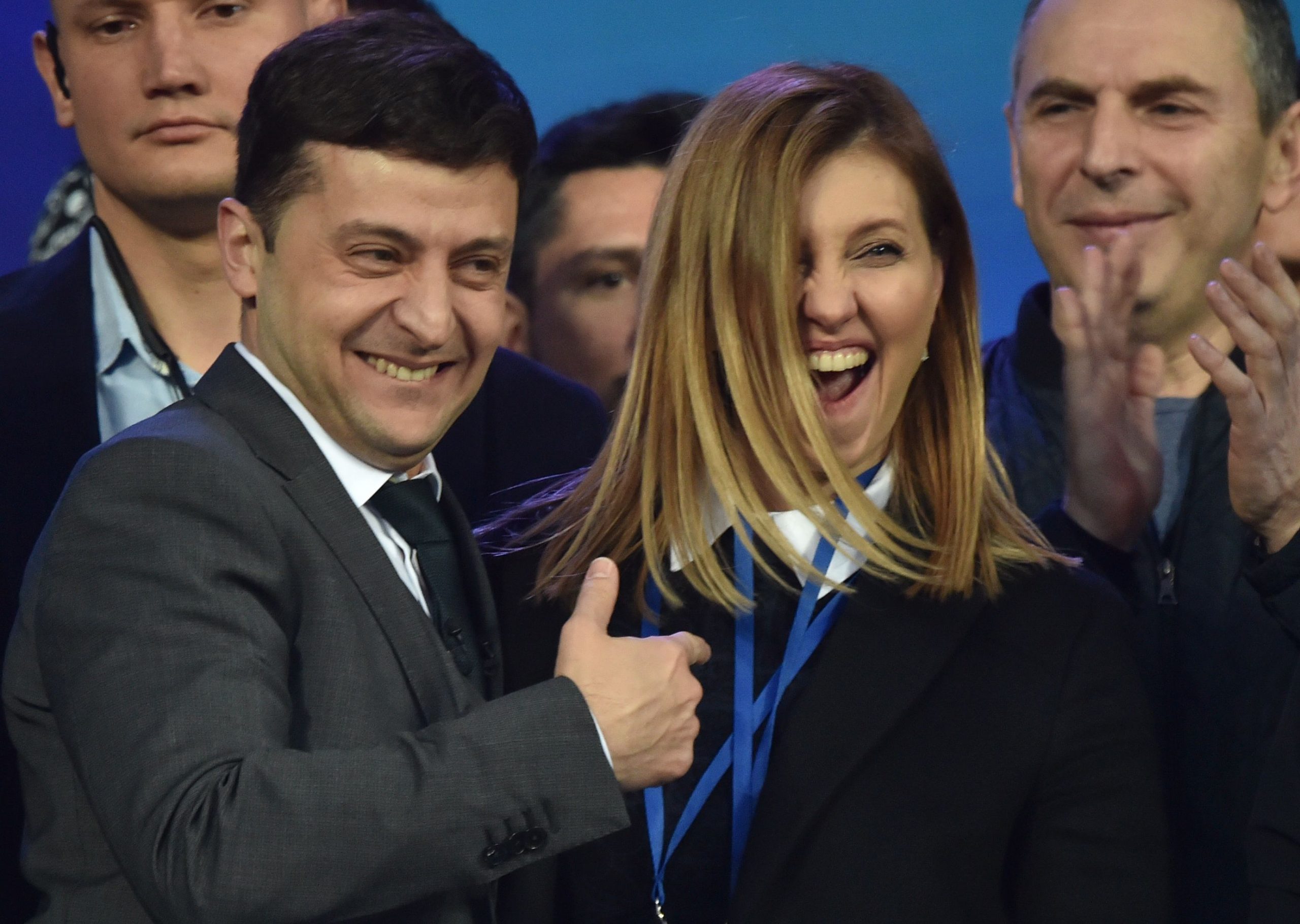 Volodymyr Zelenskyy and Olena Zelenska during a presidential election debate at Kiev's Olympic Stadium on April 19, 2019 | Source: Getty Images