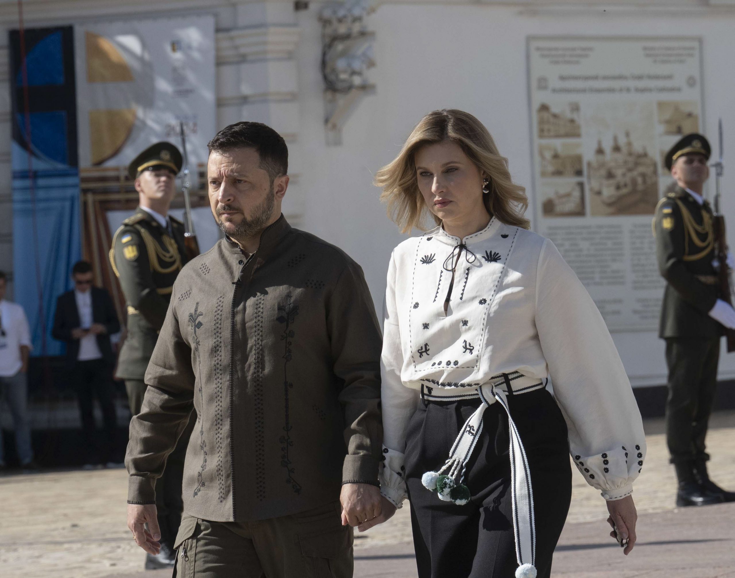 Volodymyr Zelenskyy and Olena Zelenska take part in the events dedicated to the Independence Day of Ukraine at Sophia Square on August 24, 2024 in Kyiv, Ukraine | Source: Getty Images
