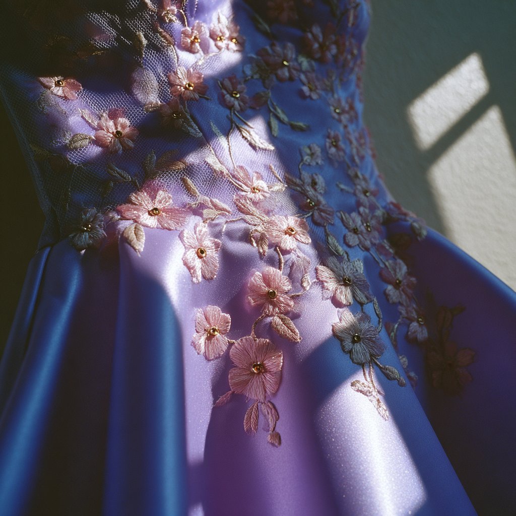 A close-up of the hand-sewn flowers on a prom dress | Source: Midjourney