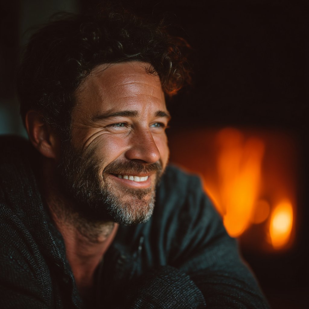A happy man sitting by the fireplace of his home | Source: Midjourney