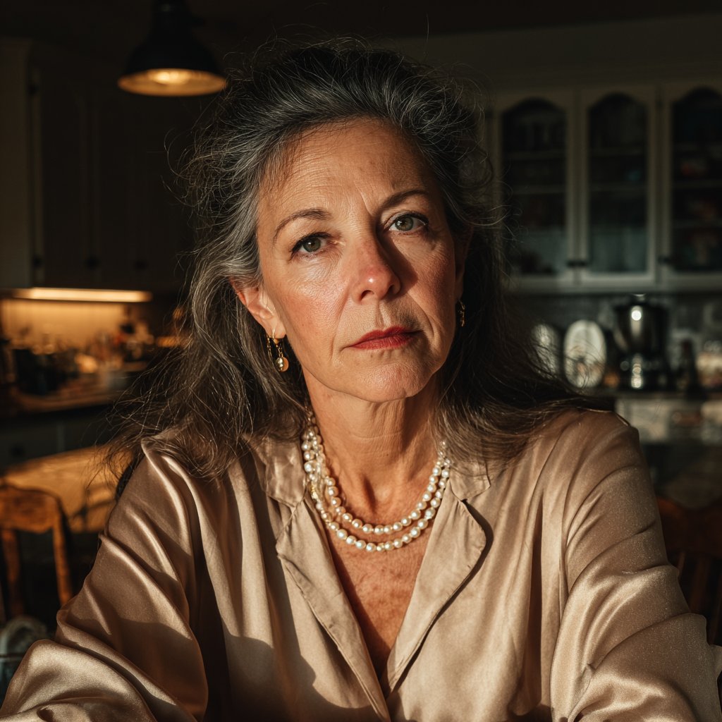 An older woman sitting at a table | Source: Midjourney