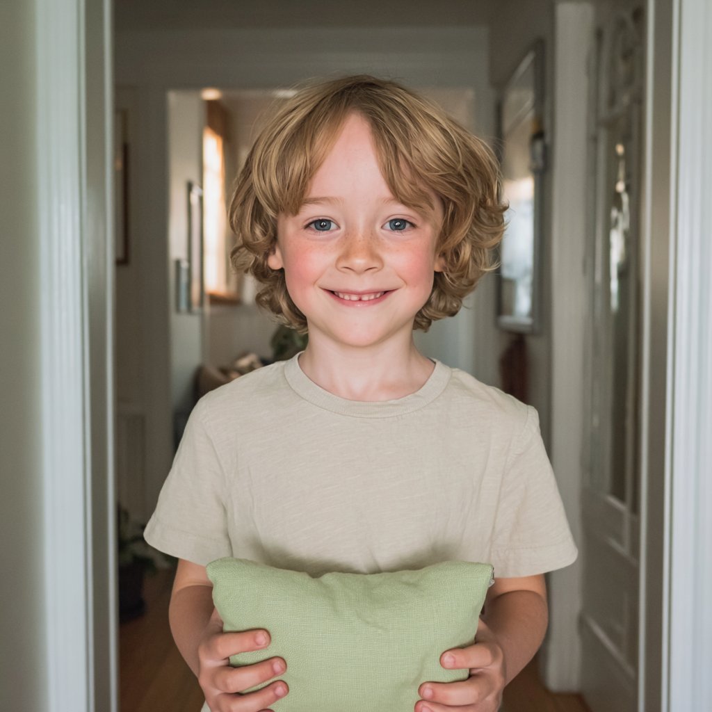 A smiling little boy holding a green pillow | Source: Midjourney