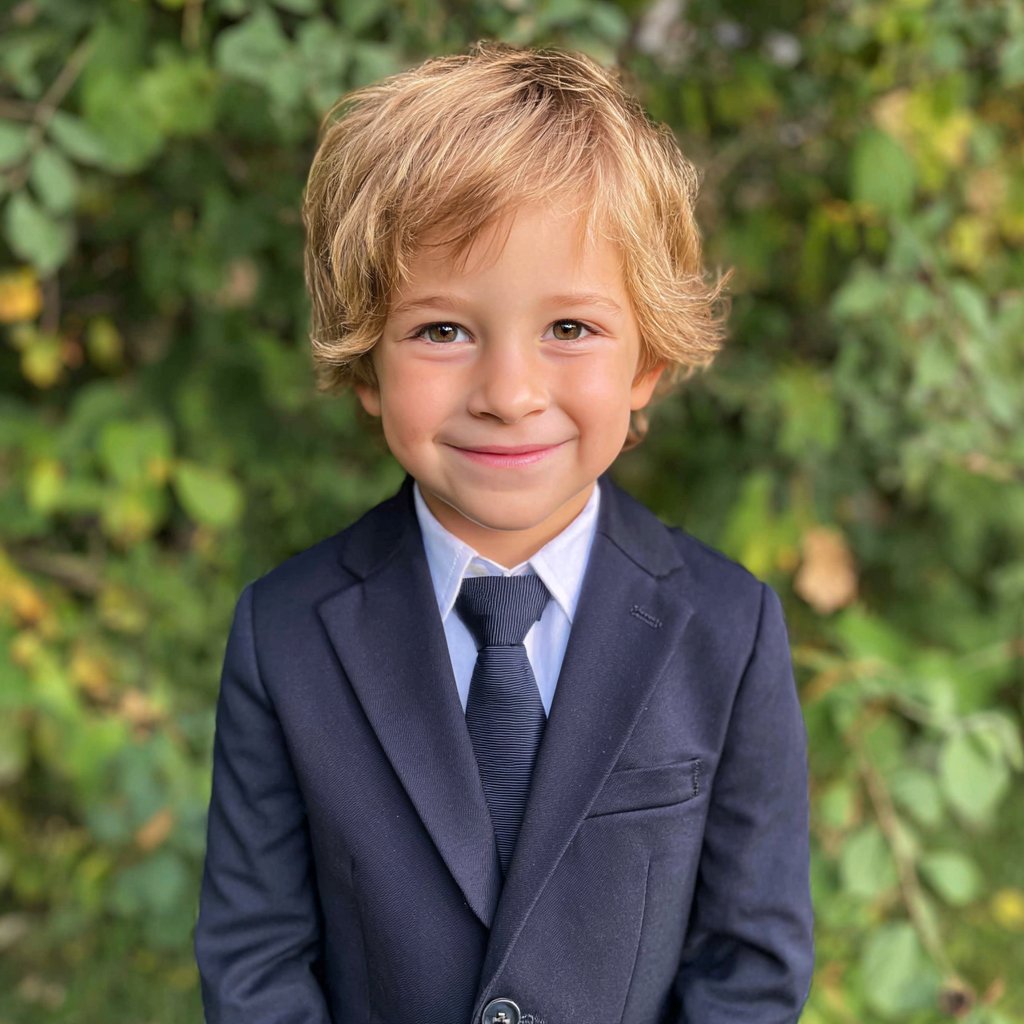 A smiling little boy wearing a navy suit | Source: Midjourney
