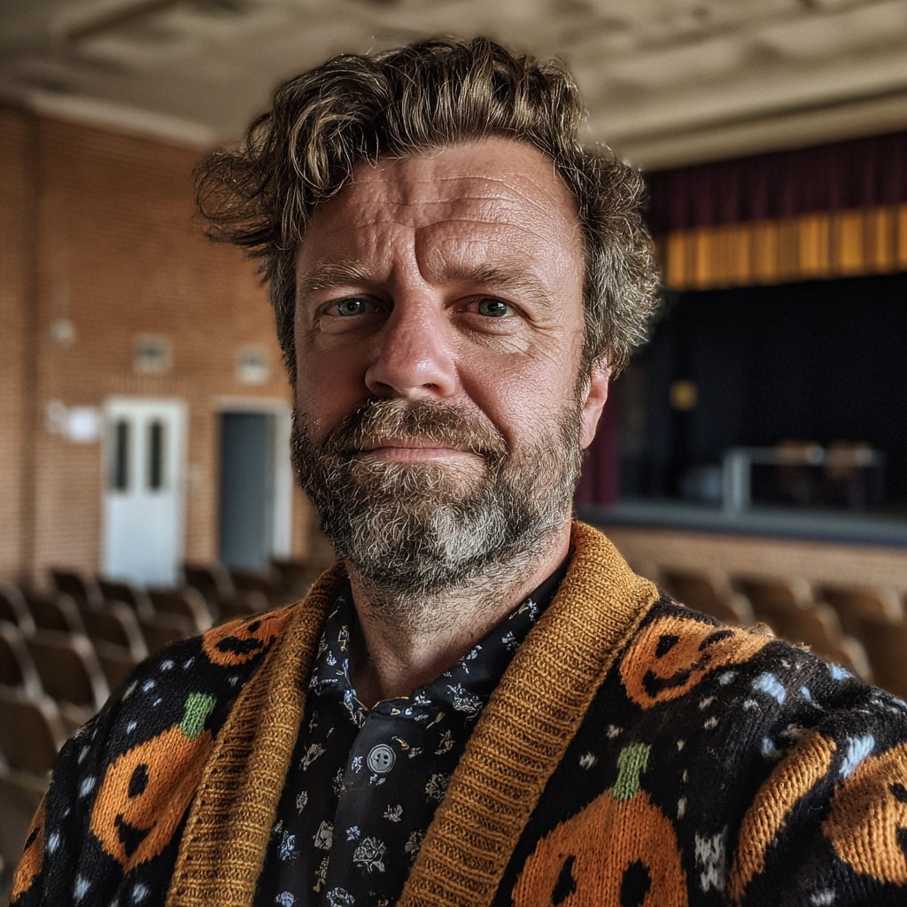 A smiling teacher wearing a pumpkin cardigan | Source: Midjourney