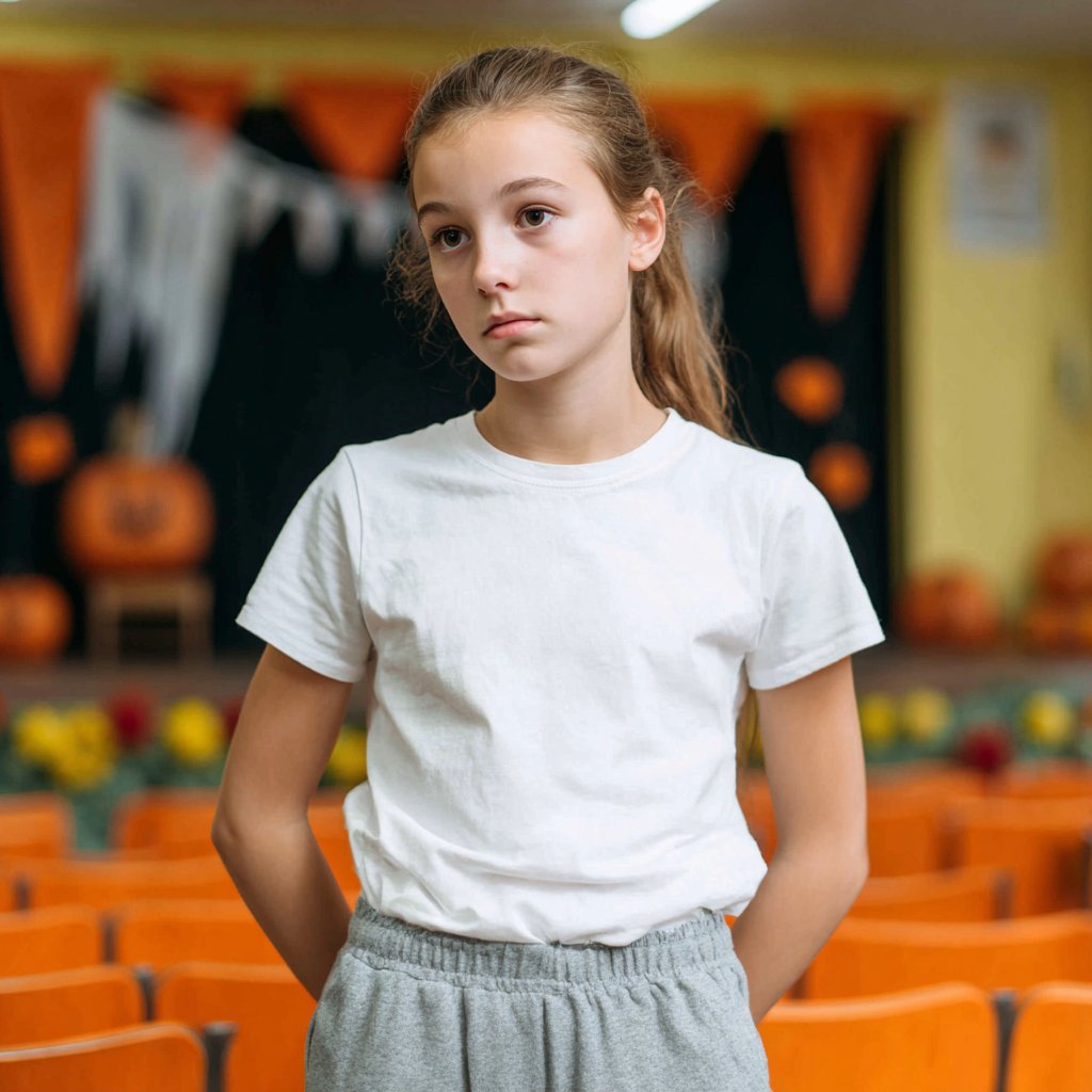 A sad little girl standing in a school hall | Source: Midjourney