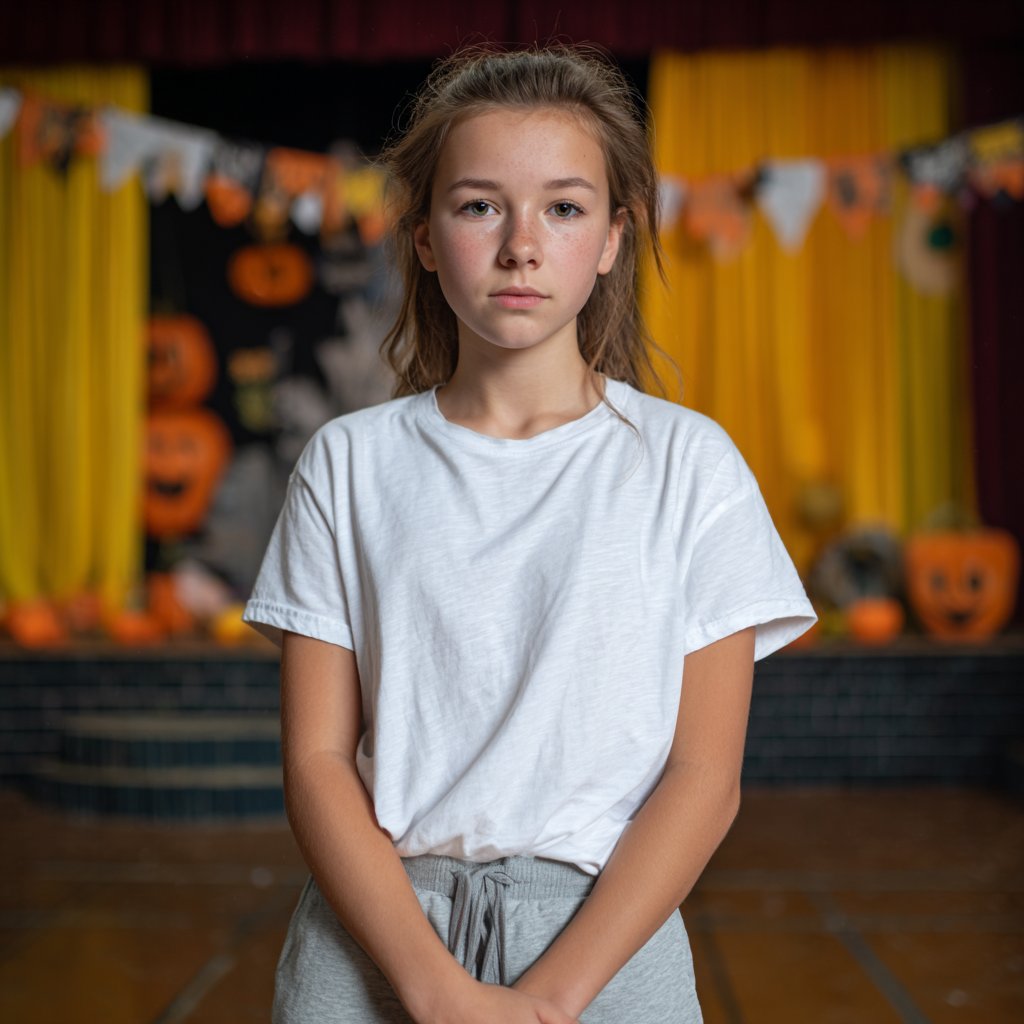 A sad girl standing in a school hall | Source: Midjourney