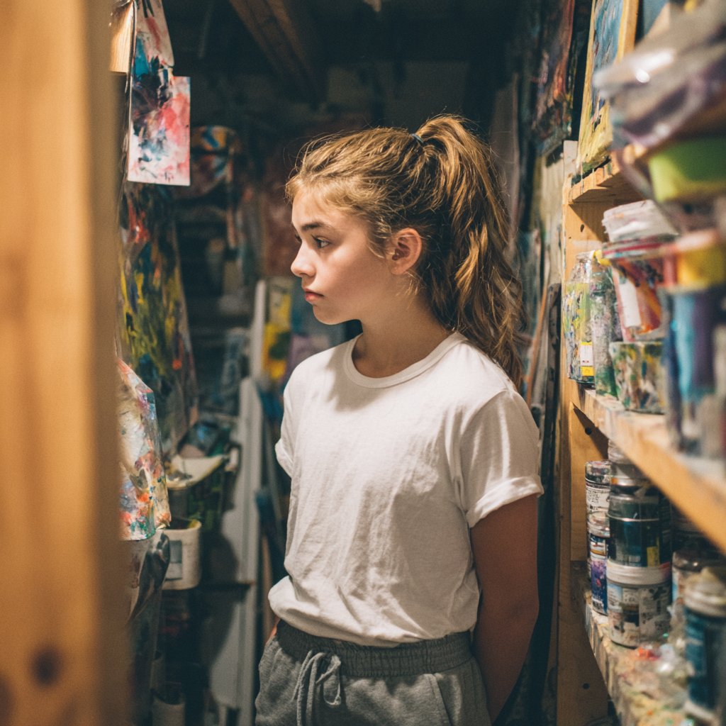 An upset little girl standing in an art supply closet | Source: Midjourney