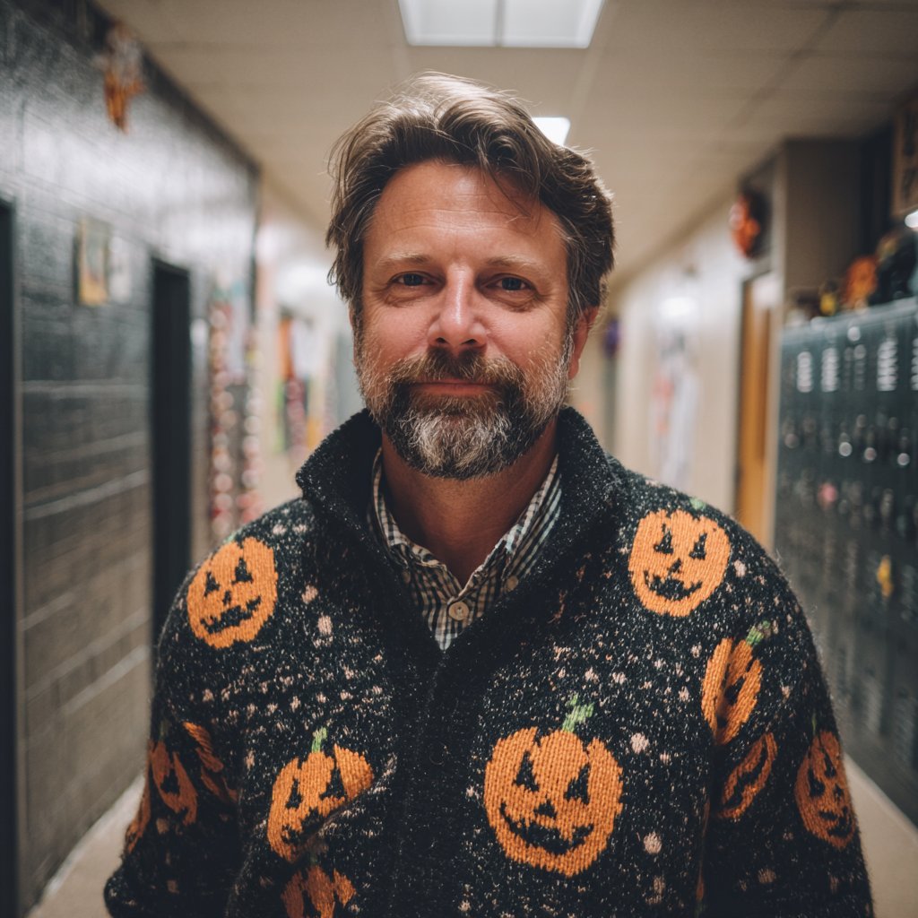 A smiling man wearing a pumpkin cardigan | Source: Midjourney