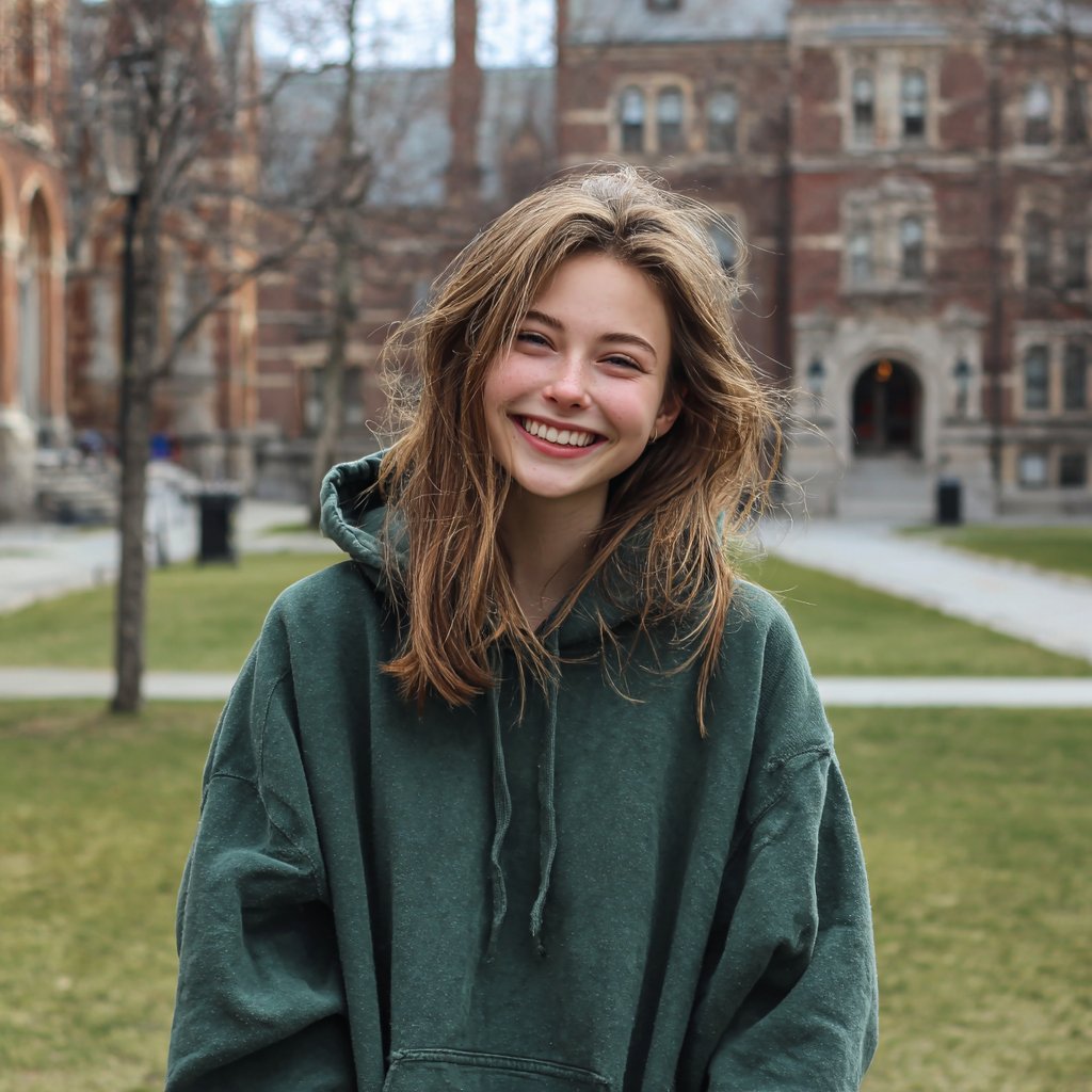 A smiling young woman standing on a college campus | Source: Midjourney
