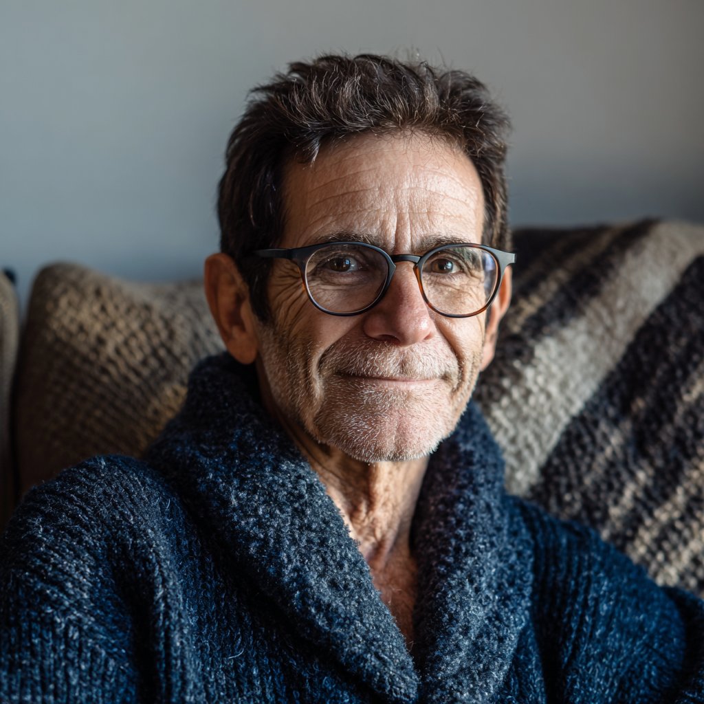 A smiling older man sitting on a couch | Source: Midjourney