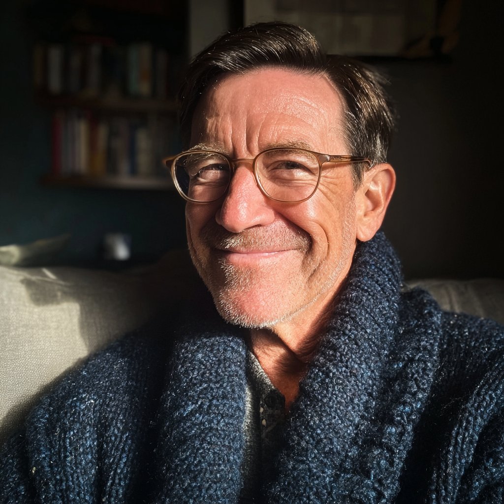 An old man wearing a navy cardigan | Source: Midjourney