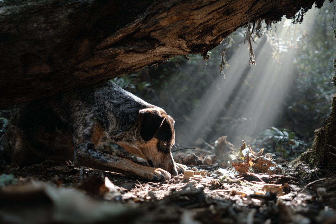 A dog sitting near a fallen tree | Source: Midjourney