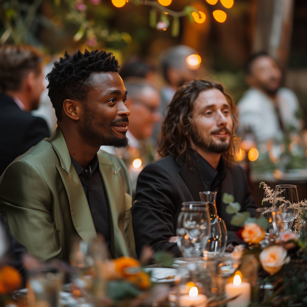 Friends joking around at a wedding | Source: Midjourney