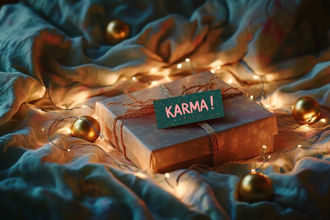 A gift box with a card featuring the word 