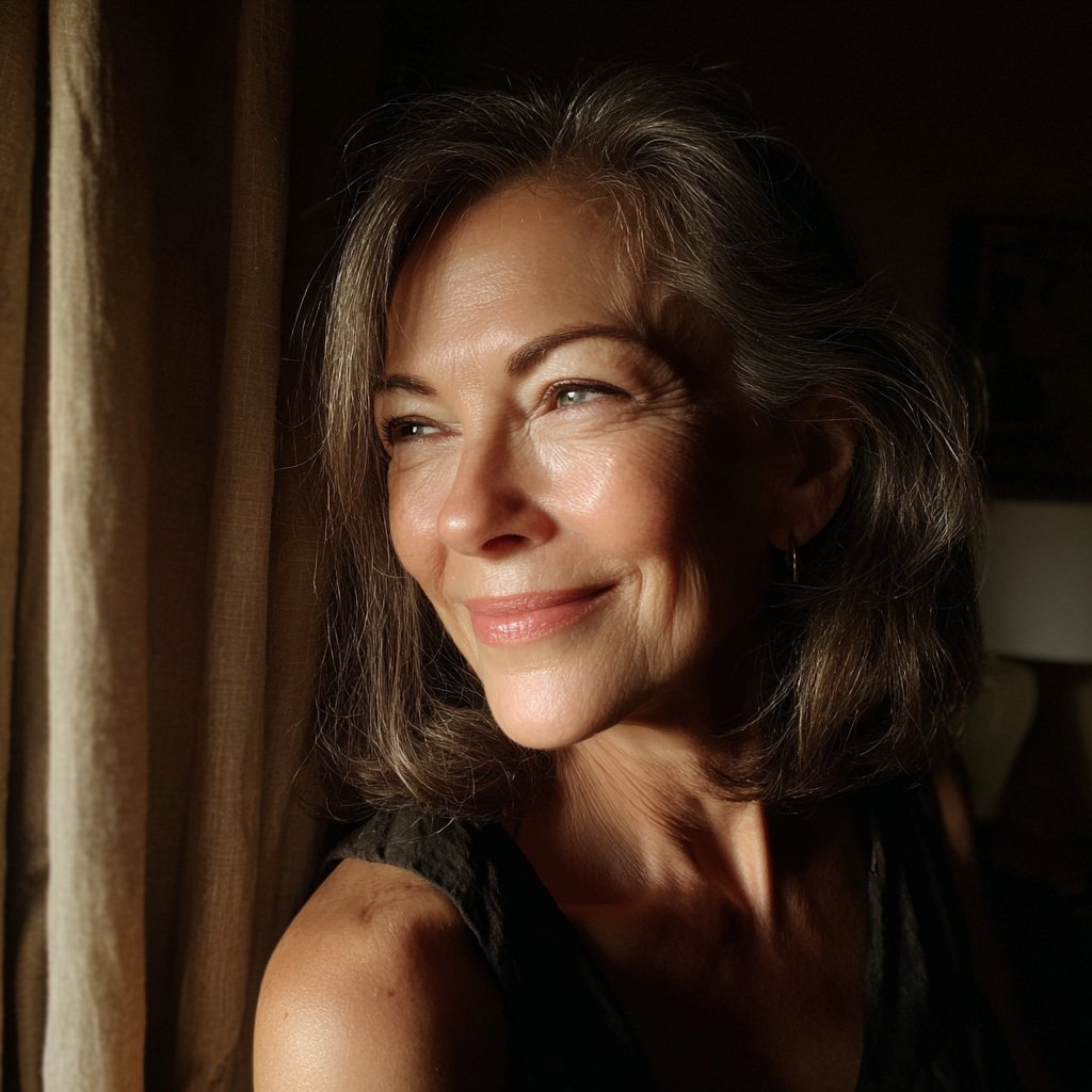 A smiling older woman looking out of a window | Source: Midjourney
