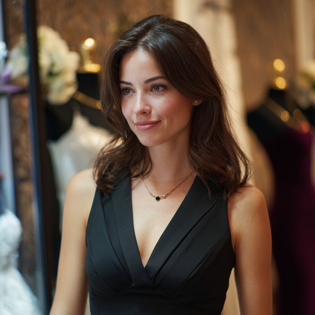 An amused woman in a black dress | Source: Midjourney