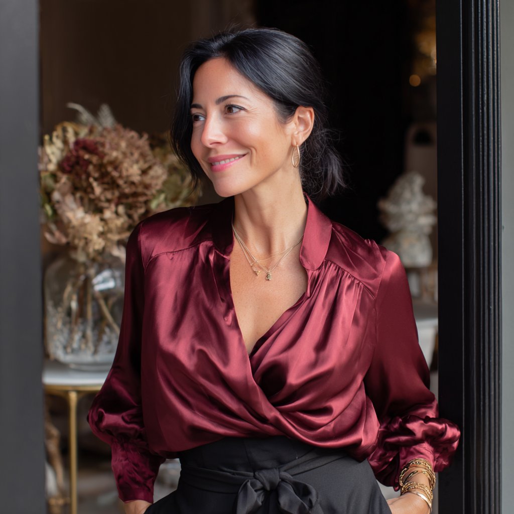 A smiling woman wearing a silk blouse | Source: Midjourney