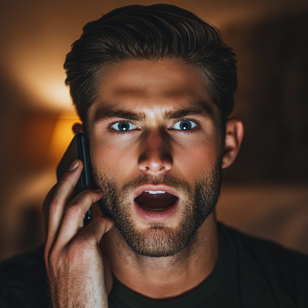 A startled man talking on the phone | Source: Midjourney