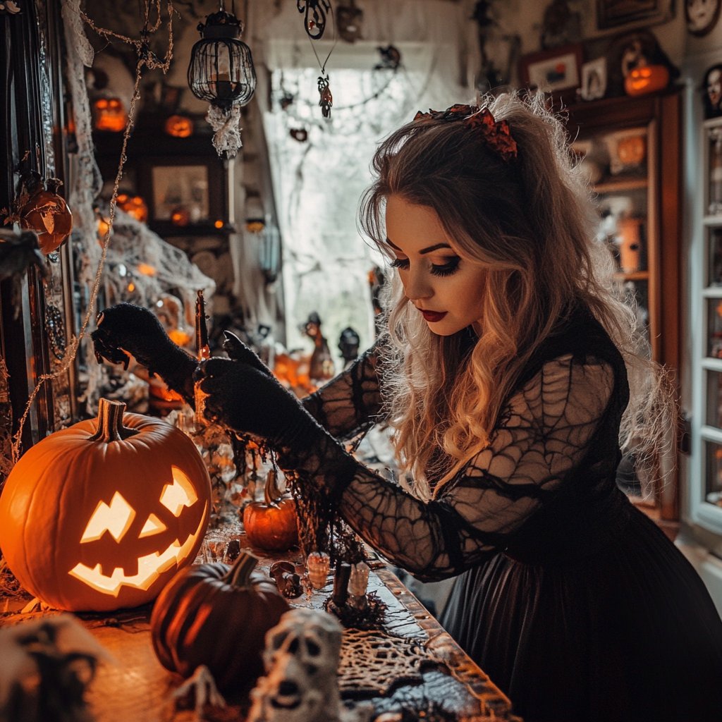Woman decorating her house for Halloween | Source: Midjourney