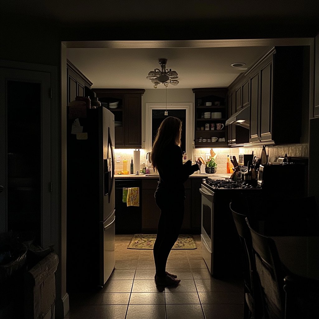 Woman standing in her kitchen at night | Source: Midjourney