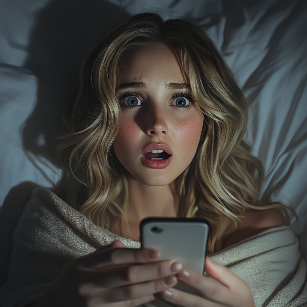 A startled woman in bed holding a phone | Source: Midjourney
