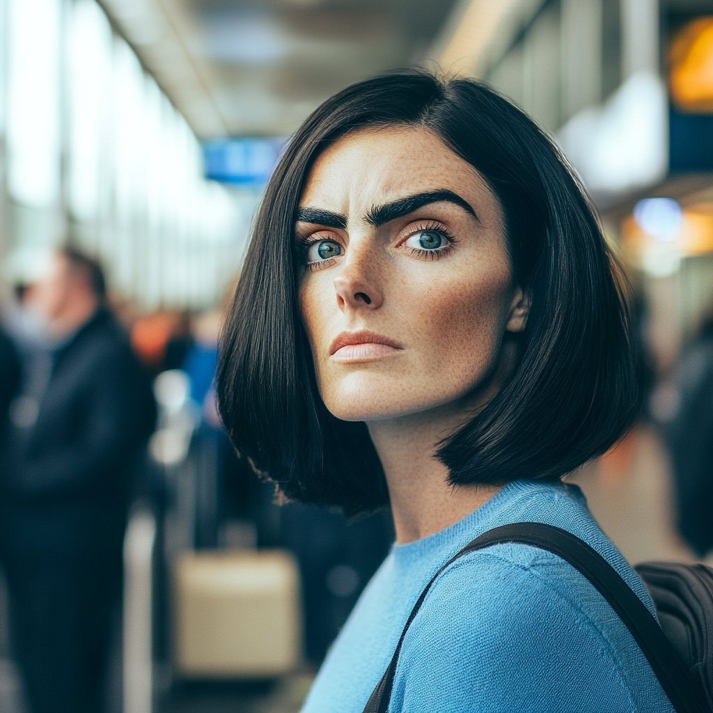 A worried woman in an airport | Source: Midjourney