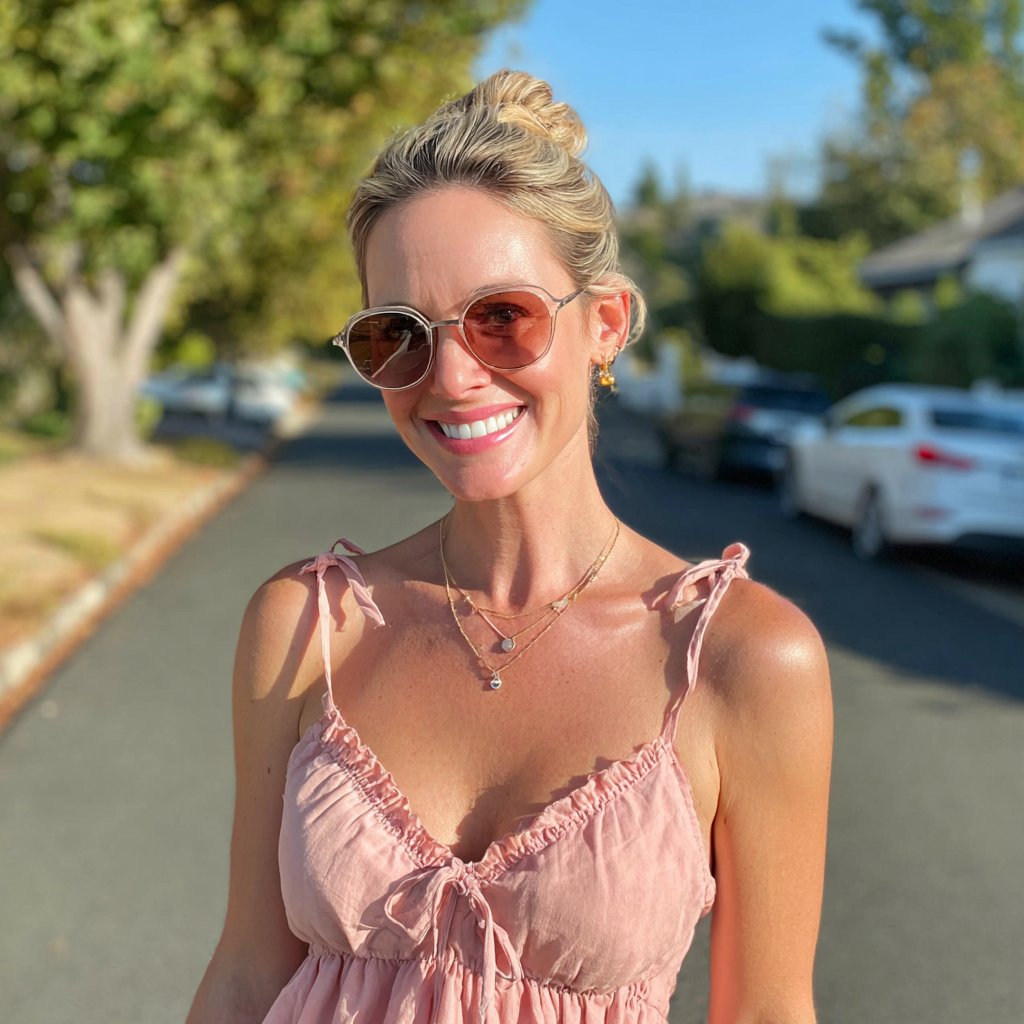 A smiling woman wearing sunglasses | Source: Midjourney