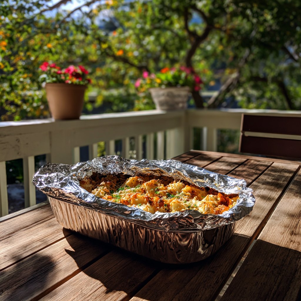 A container of food on a porch table | Source: Midjourney