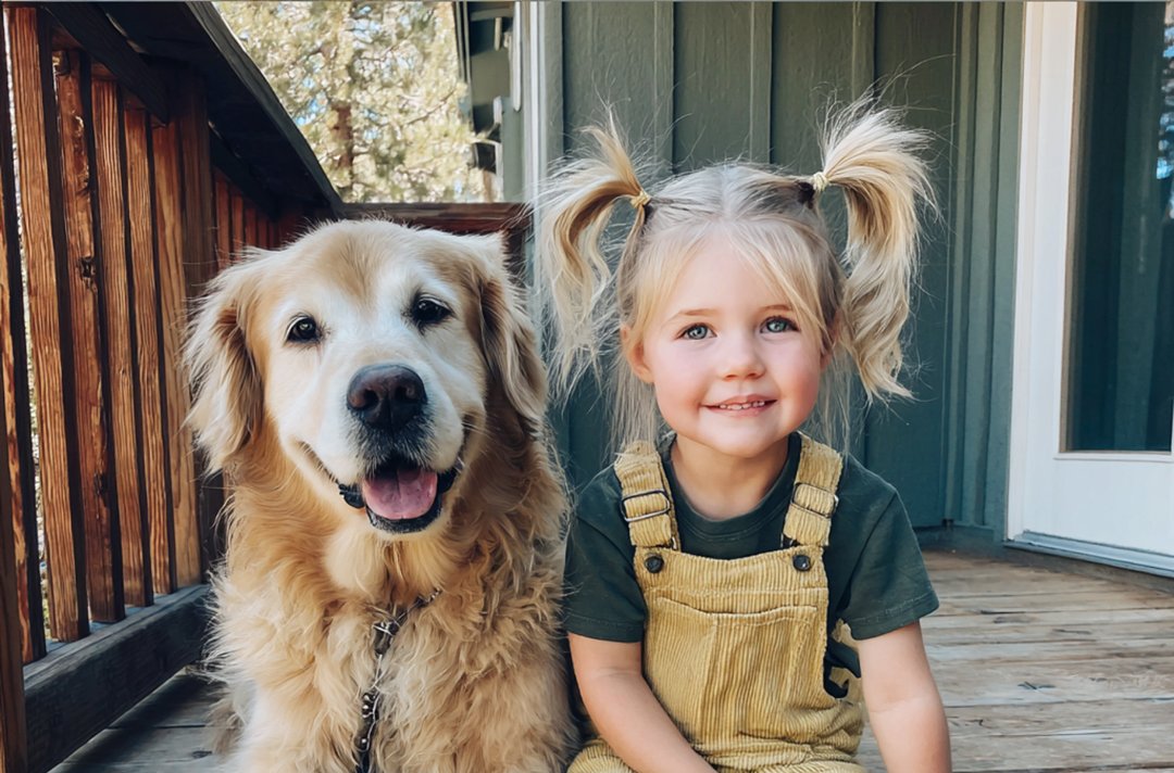 A little girl and a dog sitting on a porch step | Source: Midjourney